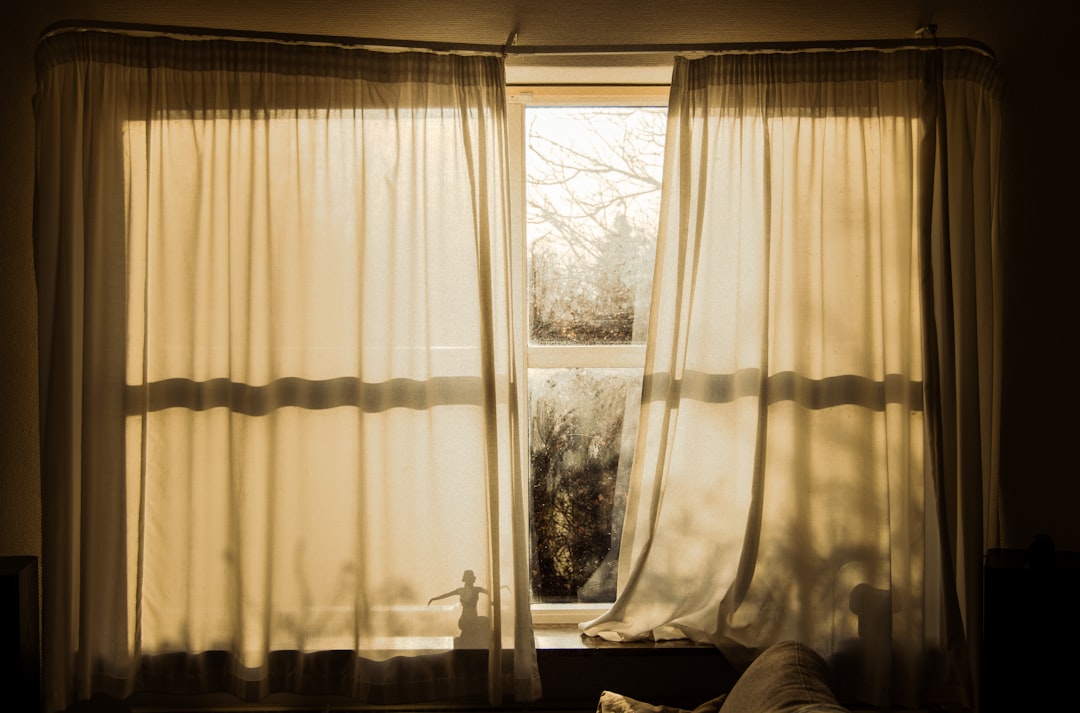 Sunlight filters through sheer curtains on a window.